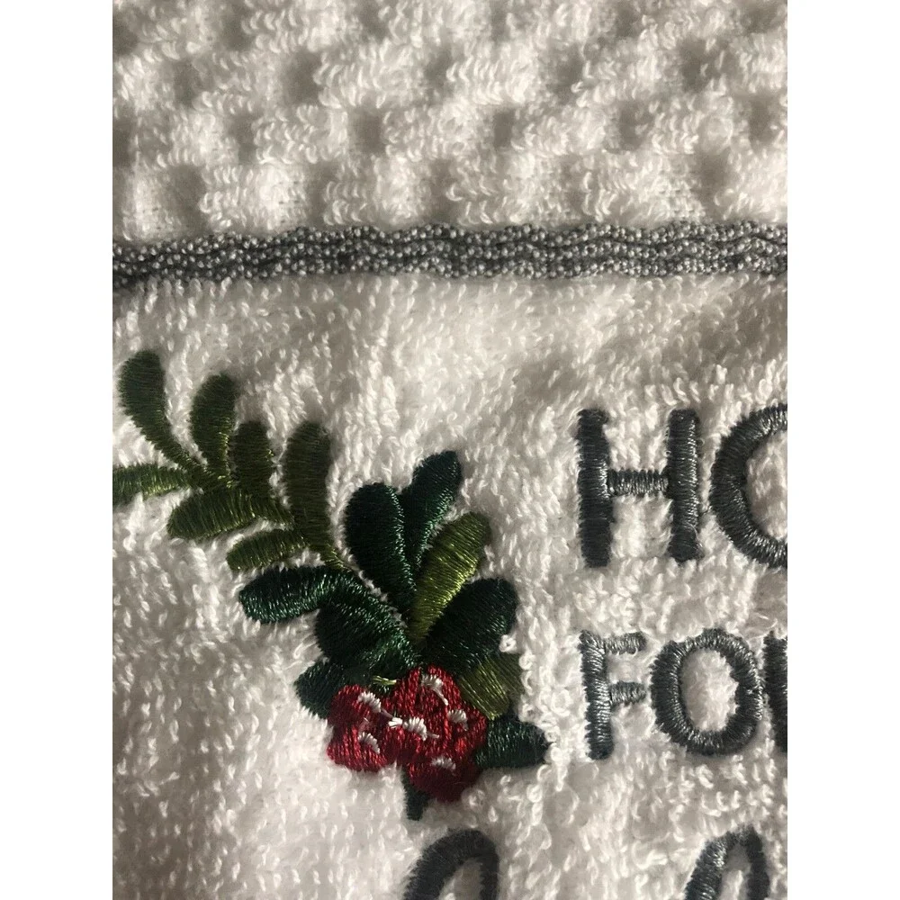 Christmas Home For the Holidays Bath Towels White Embroidered Holly Set Of 2